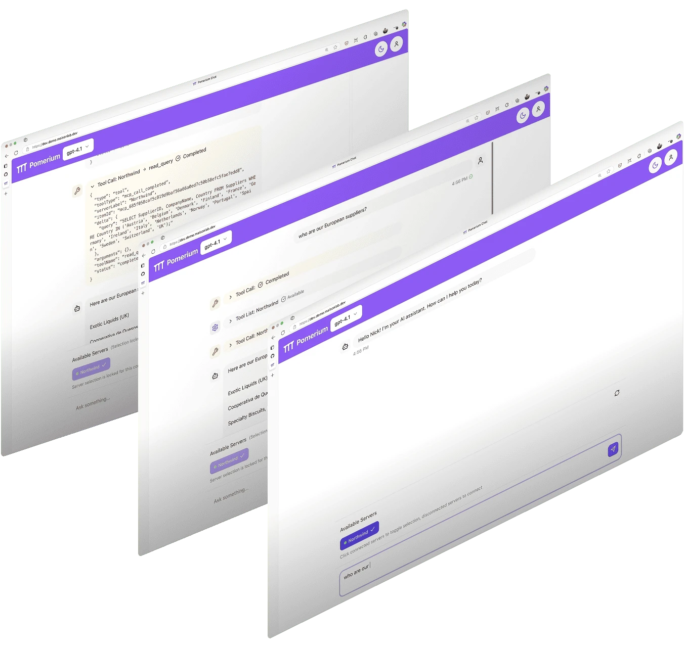 Pomerium Chat showing an agent's Northwind tool calls and query results.