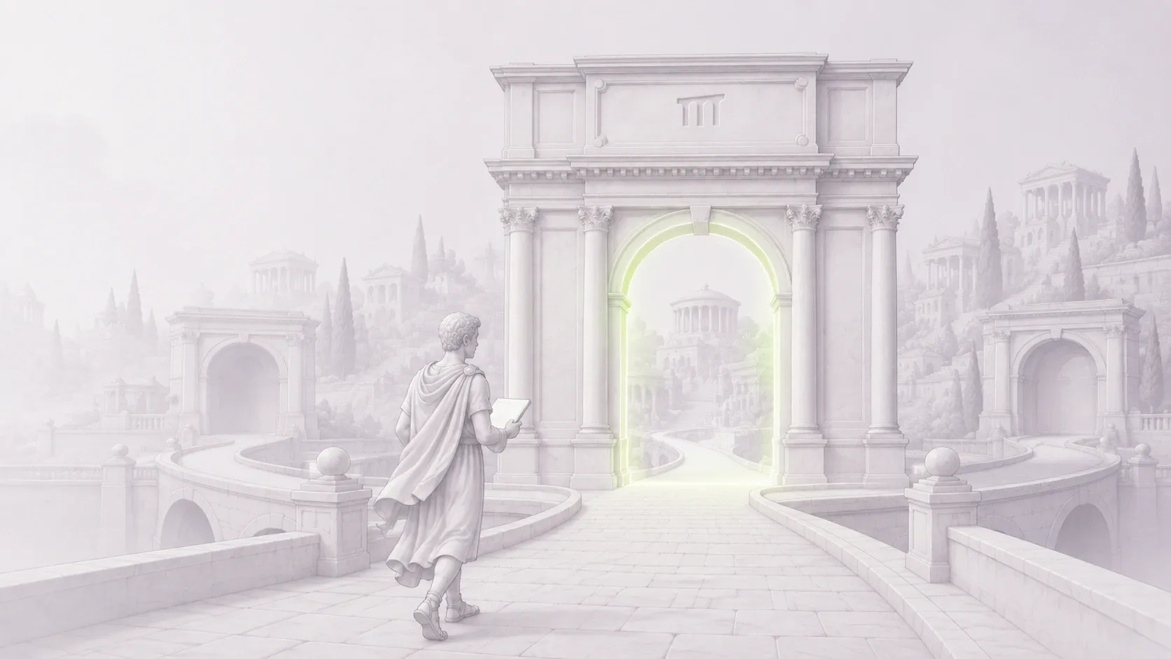 A figure in a toga carries a tablet toward a marble arch bearing the Pomerium mark, its open archway glowing green.