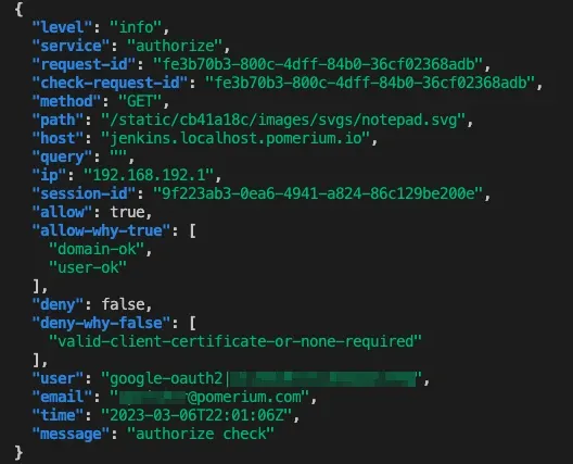 Pomerium logging example - note the "deny-why-false"